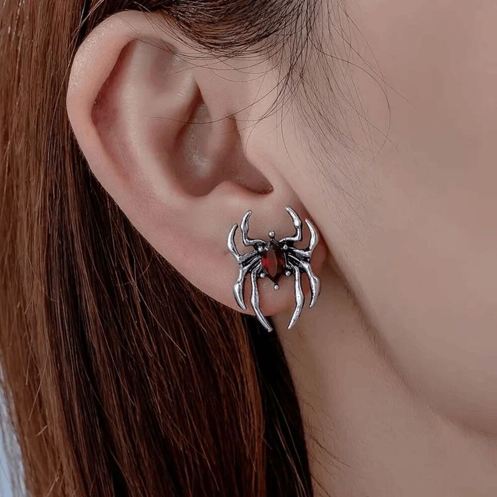 Gothic Punk Ruby Red Spider Stud Earrings